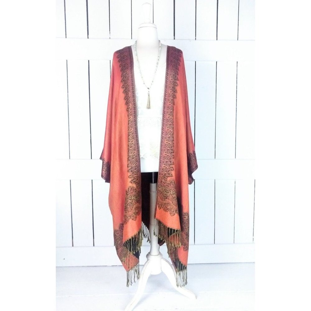 Silk pashmina fringe kimono cover up/border paisley fringe cardigan wrap